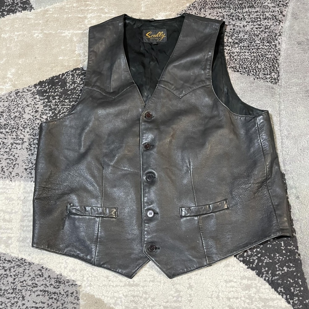 Scully Leather Vest Men 46 Large Black Western Pockets Biker Button Rodeo Grunge